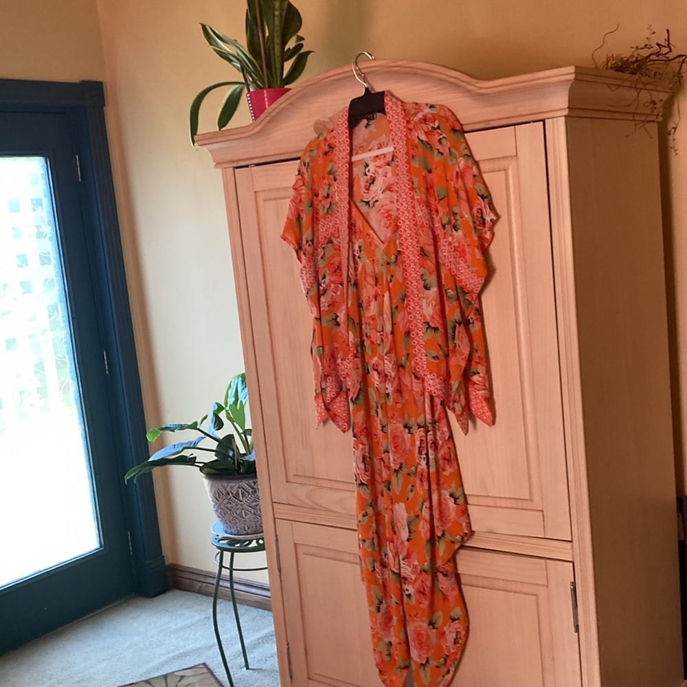 Tolani summer tropical vacation dress silk w matching kimono